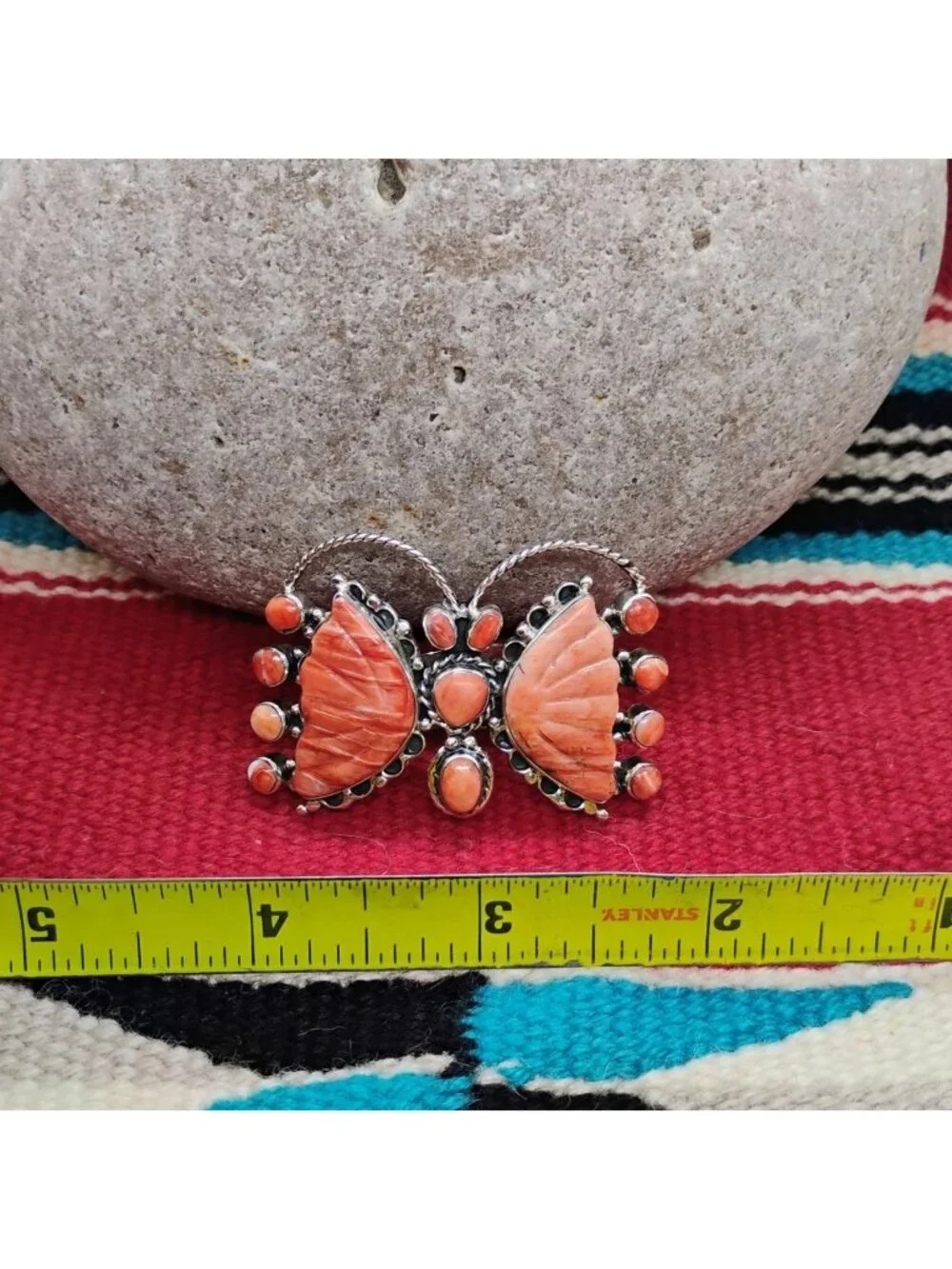 Native Signed CK Sterling Silver Orange Spiny Oyster Butterfly Ring Adjustable - Picture 4 of 10